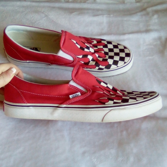checkered vans with red drip